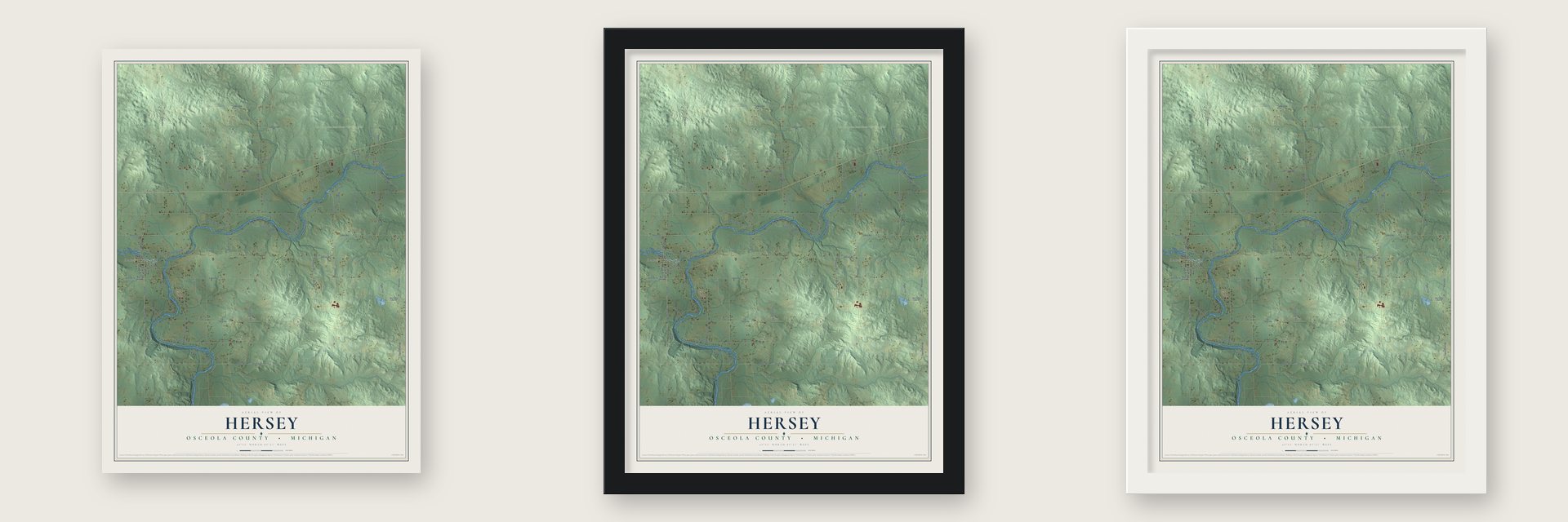 Hersey, Osceola County, Michigan map unframed, in a black wood frame and in a white wood frame