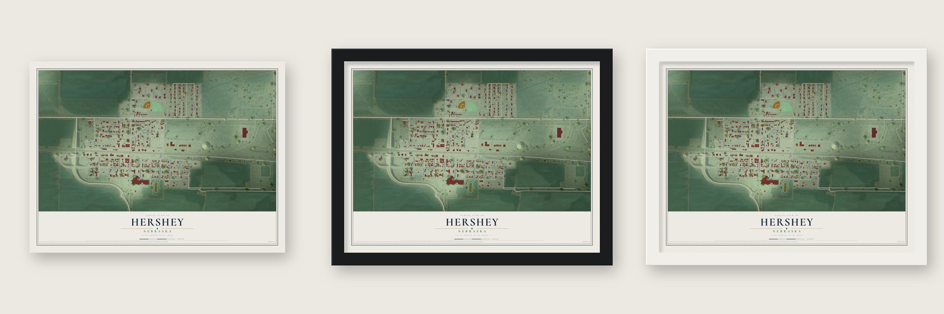 Hershey, Nebraska map unframed, in a black wood frame and in a white wood frame