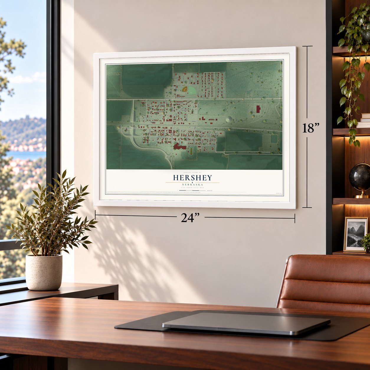 Hershey, Nebraska map, 18 x 24 inch print in a white frame in a home office