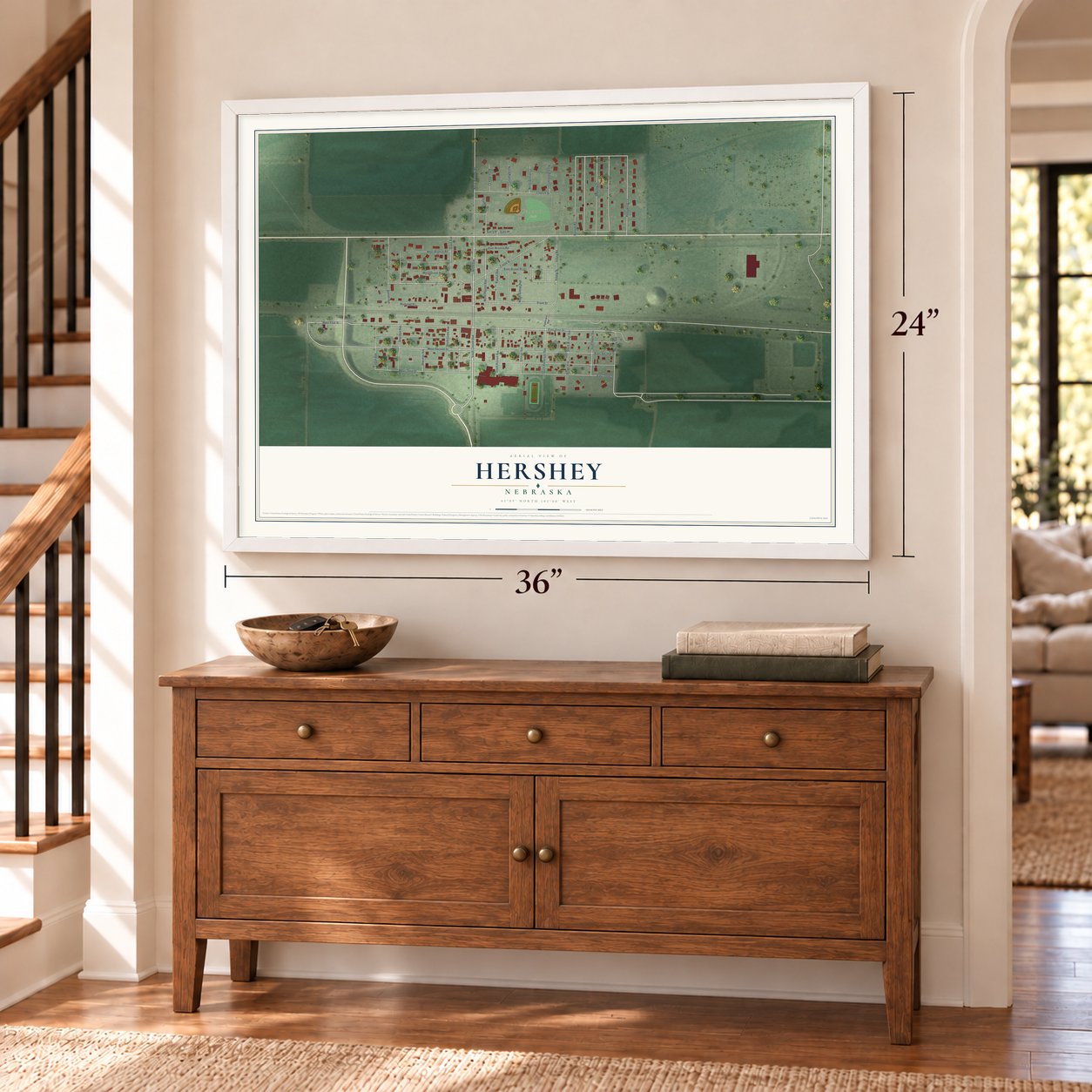 Hershey, Nebraska map, 24 x 36 inch print in a white frame above a dresser by a staircase