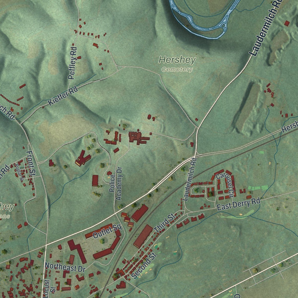 Second close-up of the map of Hershey, Pennsylvania print showing more streets and buildings