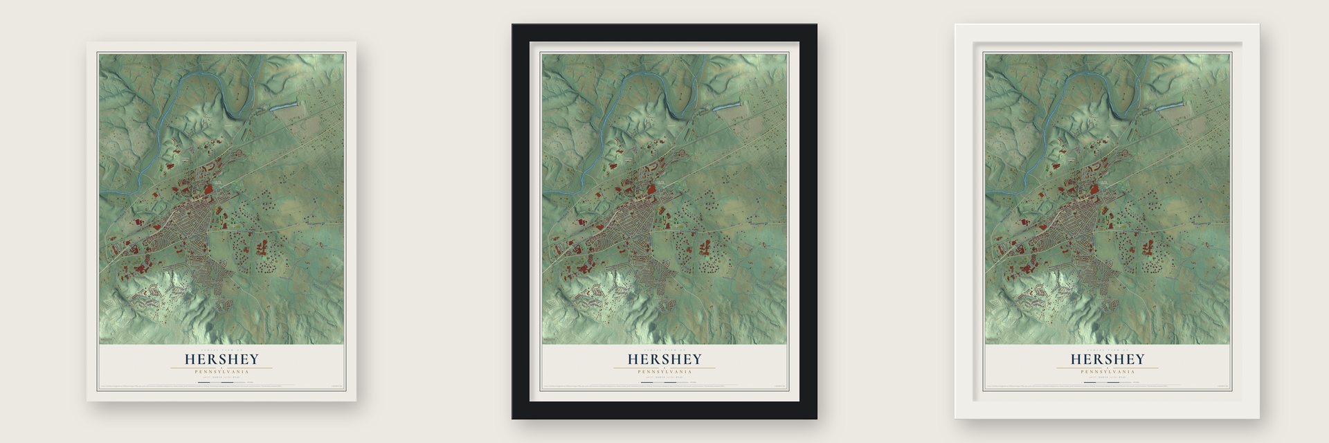 Hershey, Pennsylvania map unframed, in a black wood frame and in a white wood frame