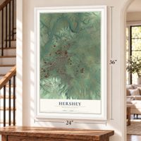 Hershey, Pennsylvania map, 24 x 36 inch print in a white frame by a staircase