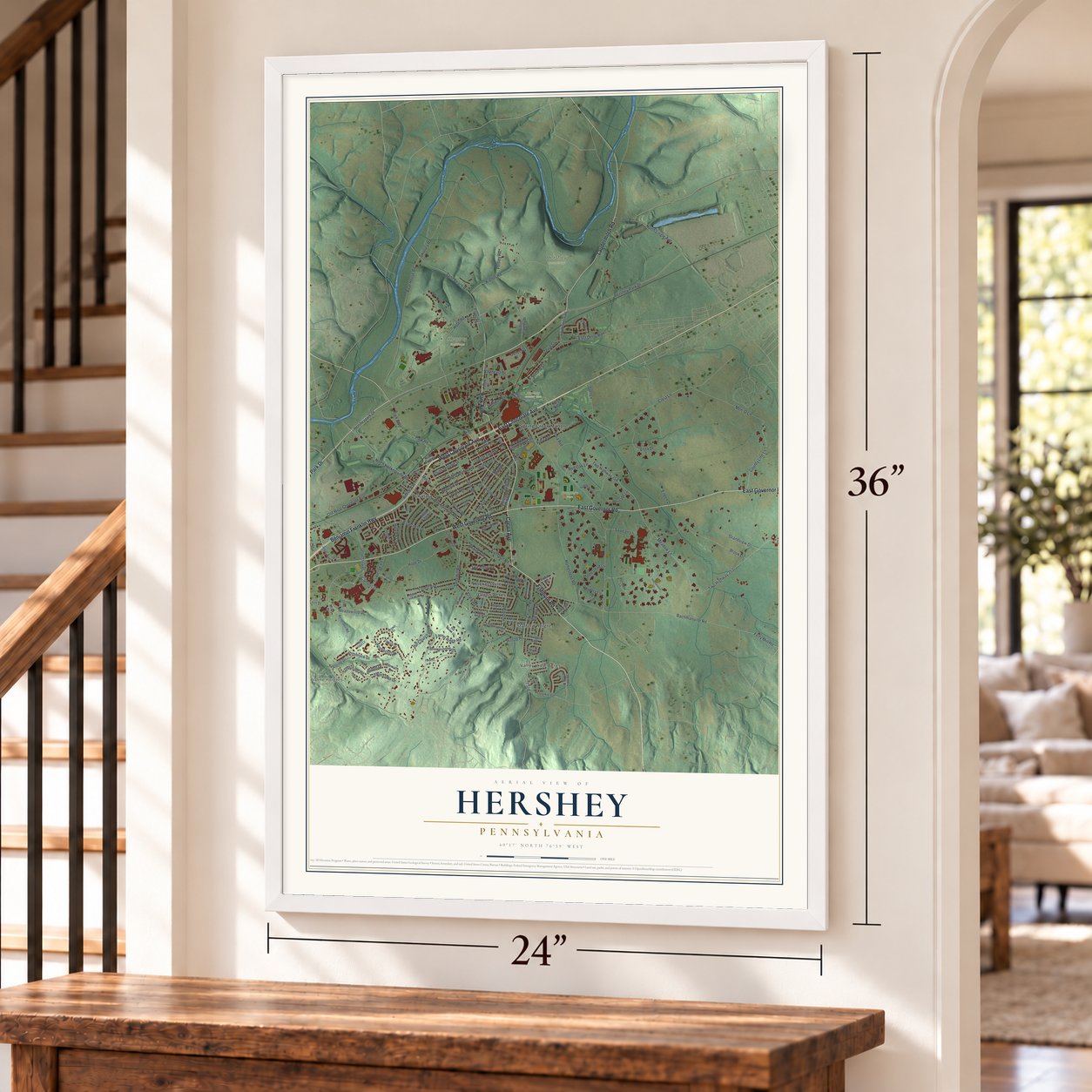 Hershey, Pennsylvania map, 24 x 36 inch print in a white frame by a staircase
