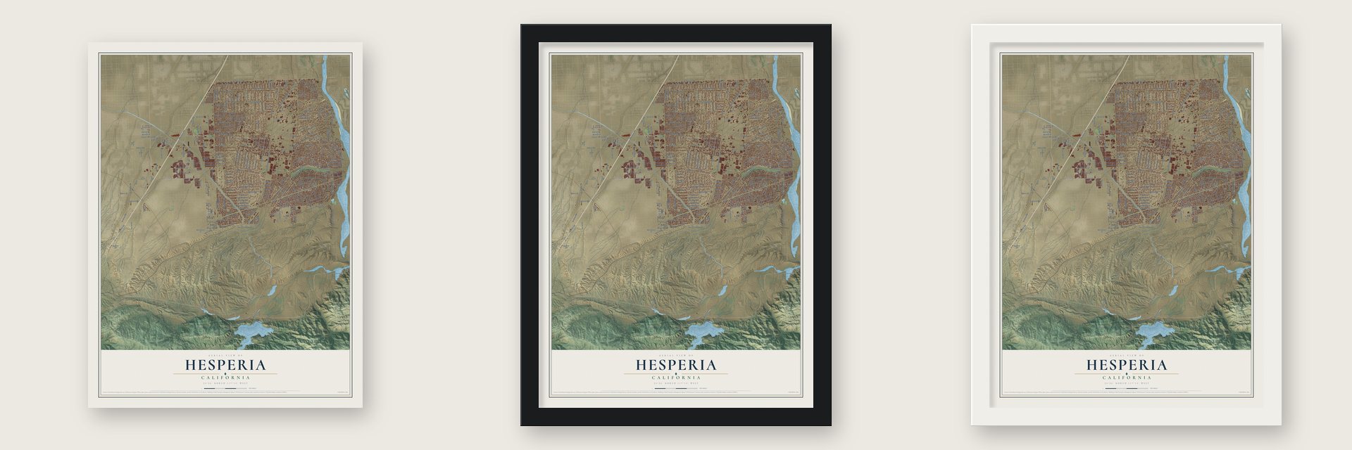 Hesperia, California map unframed, in a black wood frame and in a white wood frame