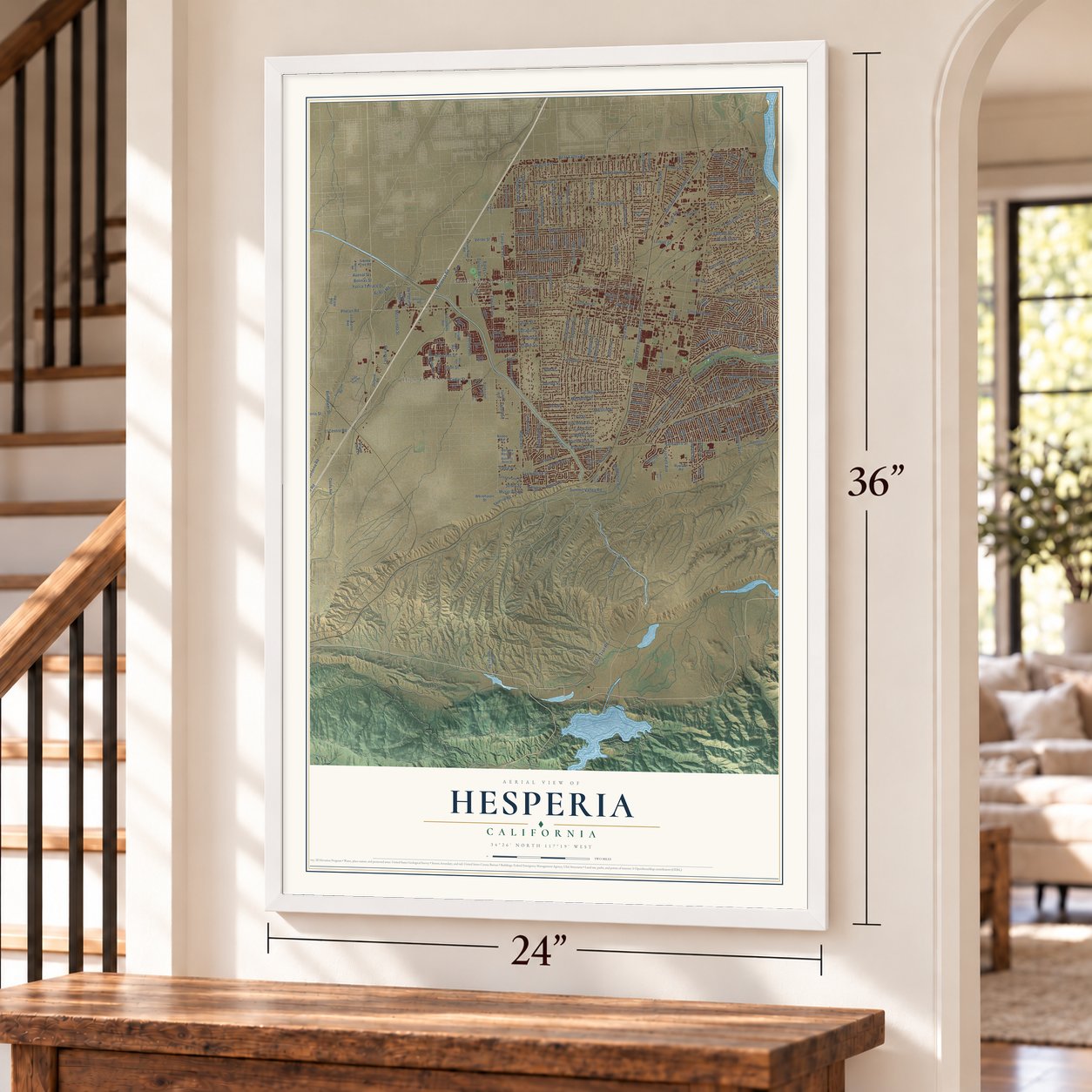 Hesperia, California map, 24 x 36 inch print in a white frame by a staircase