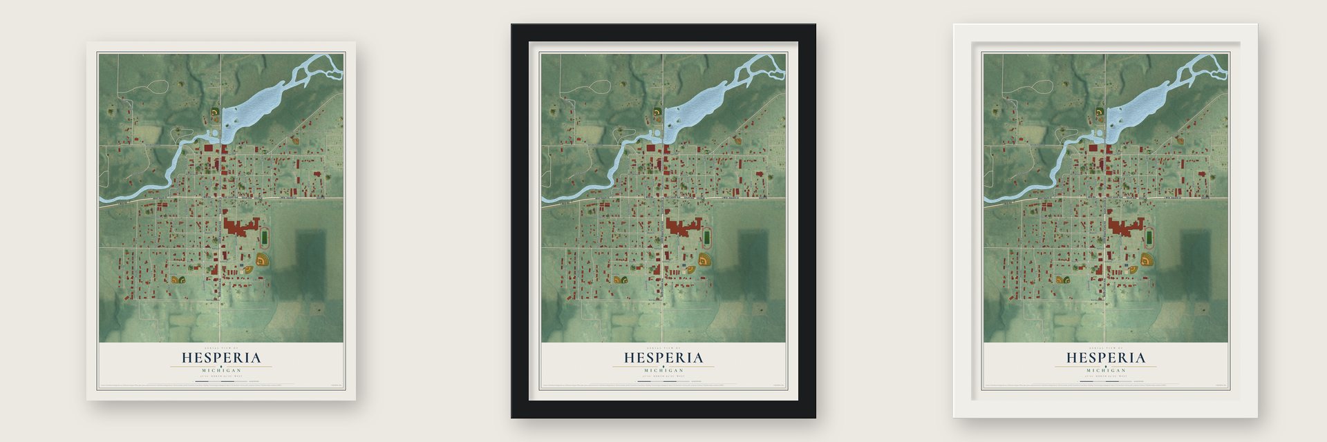 Hesperia, Michigan map unframed, in a black wood frame and in a white wood frame
