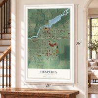 Hesperia, Michigan map, 24 x 36 inch print in a white frame by a staircase