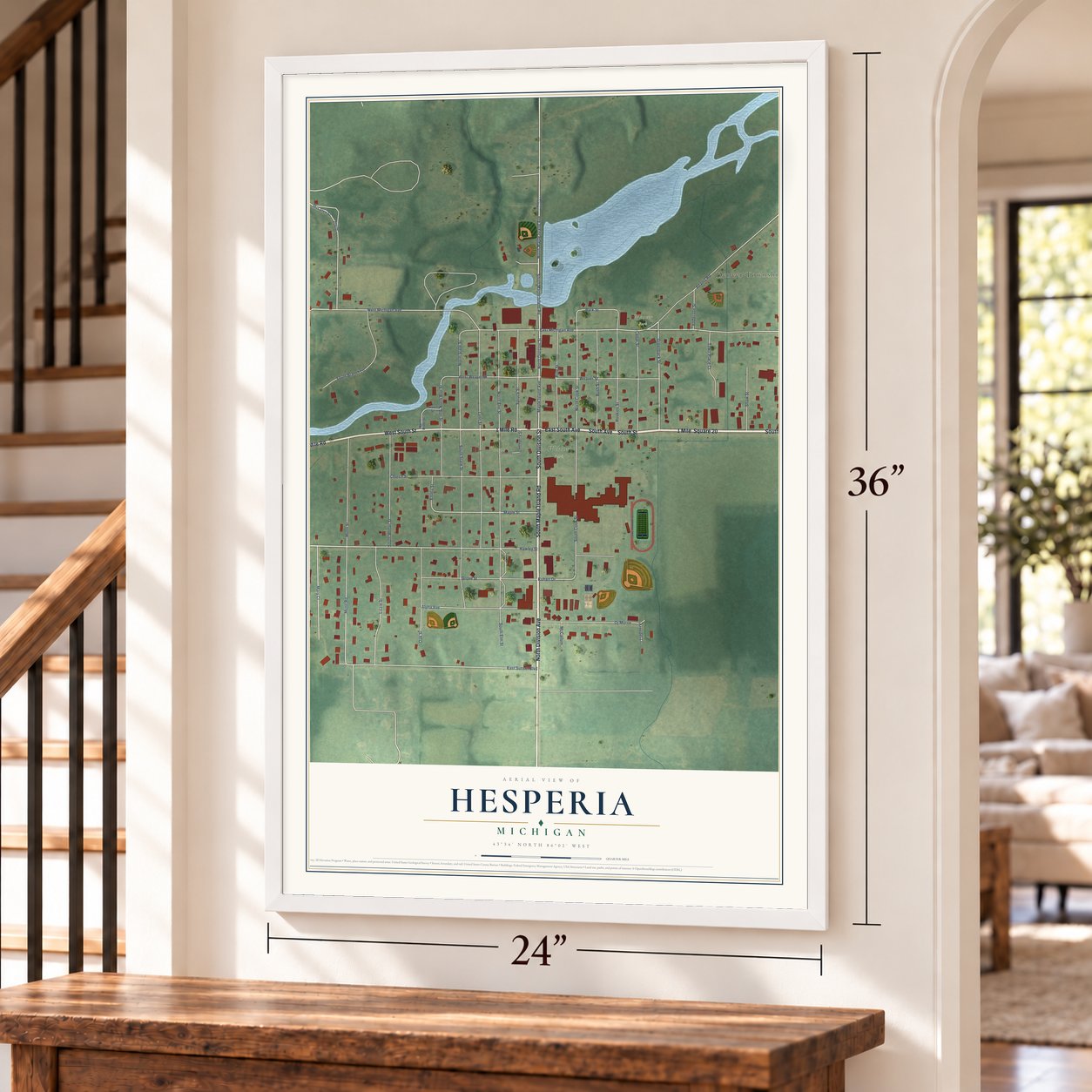 Hesperia, Michigan map, 24 x 36 inch print in a white frame by a staircase