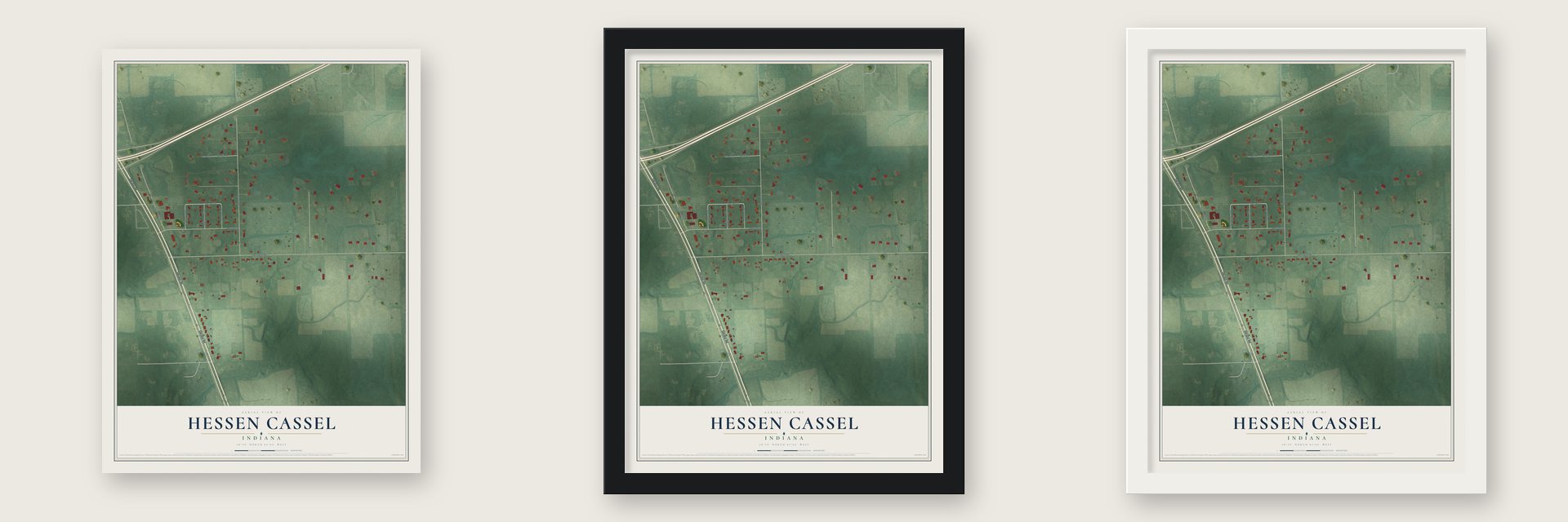 Hessen Cassel, Indiana map unframed, in a black wood frame and in a white wood frame
