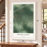 Hessen Cassel, Indiana map, 24 x 36 inch print in a white frame by a staircase