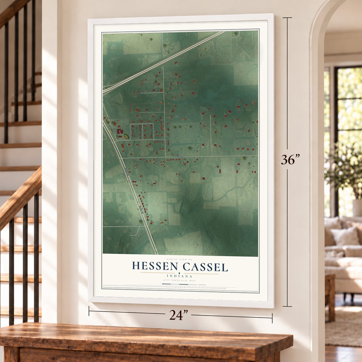 Hessen Cassel, Indiana map, 24 x 36 inch print in a white frame by a staircase