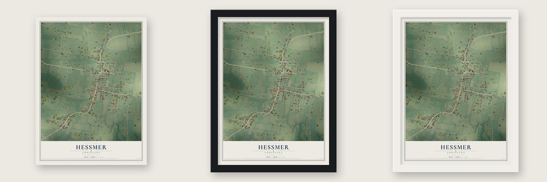 Hessmer, Louisiana map unframed, in a black wood frame and in a white wood frame