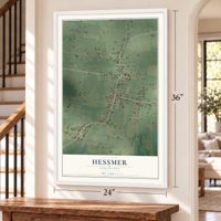 Hessmer, Louisiana map, 24 x 36 inch print in a white frame by a staircase