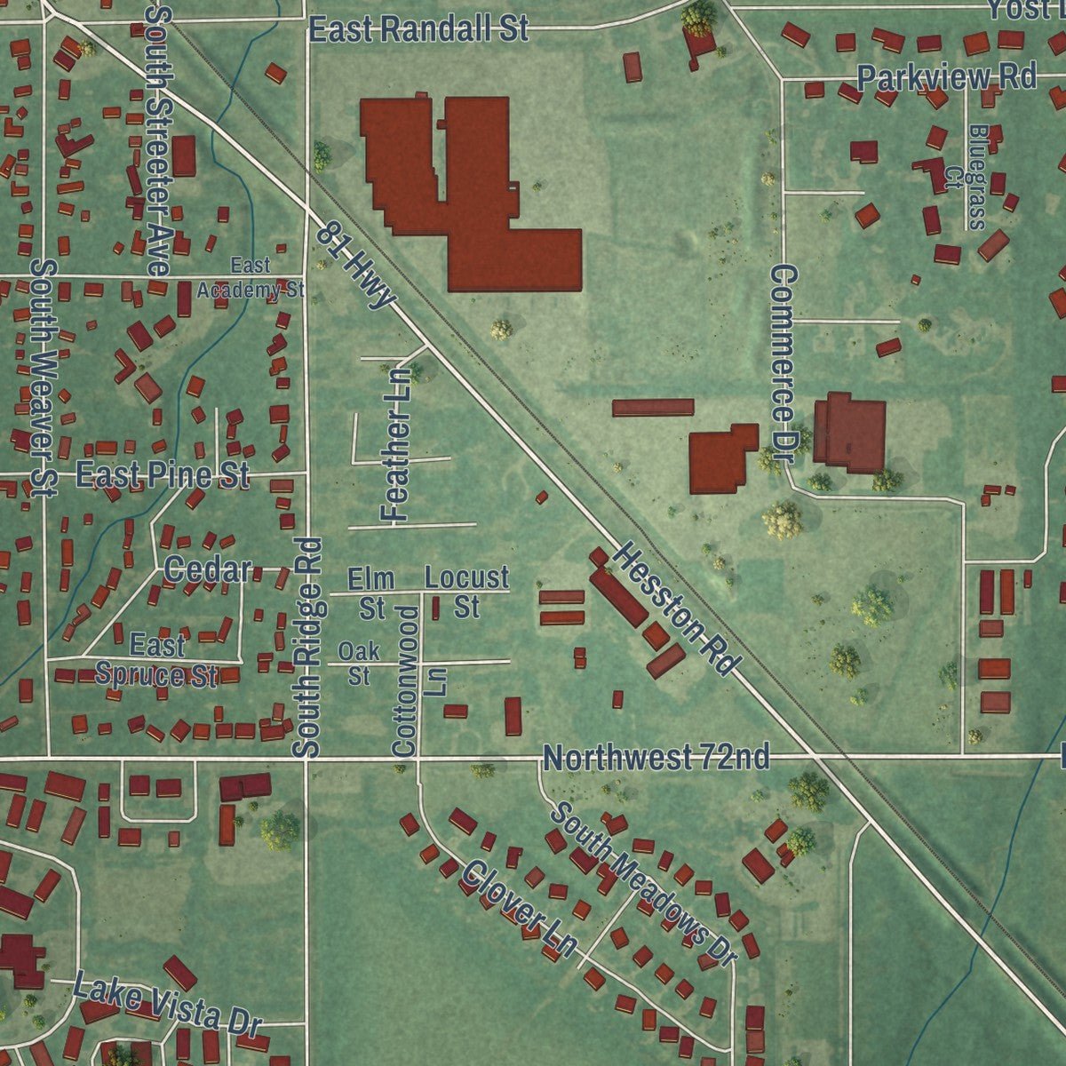 Second close-up of the map of Hesston, Kansas print showing more streets and buildings