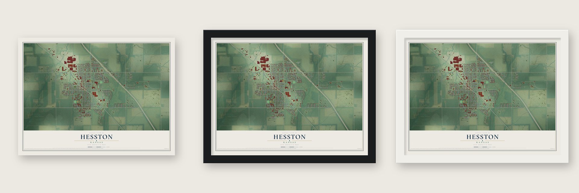 Hesston, Kansas map unframed, in a black wood frame and in a white wood frame