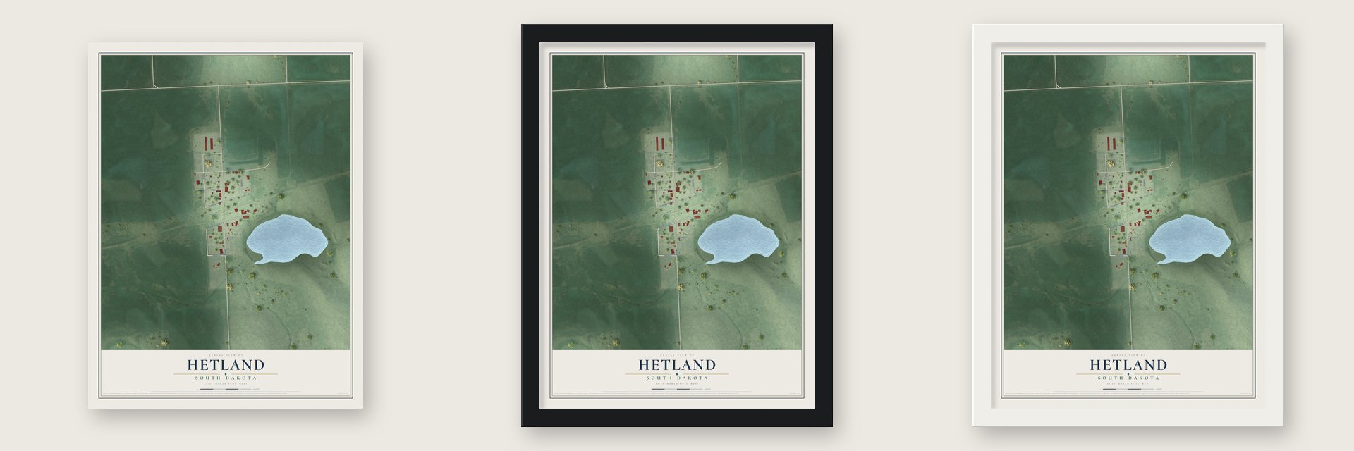 Hetland, South Dakota map unframed, in a black wood frame and in a white wood frame