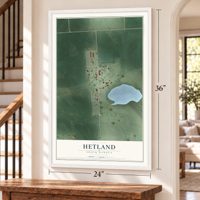 Hetland, South Dakota map, 24 x 36 inch print in a white frame by a staircase