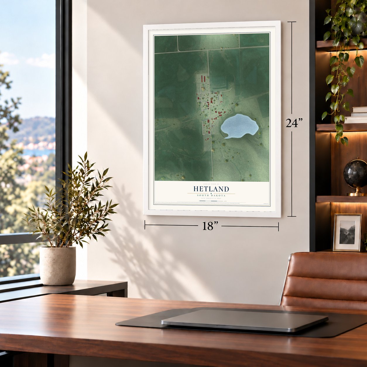 Hetland, South Dakota map, 18 x 24 inch print in a white frame in a home office