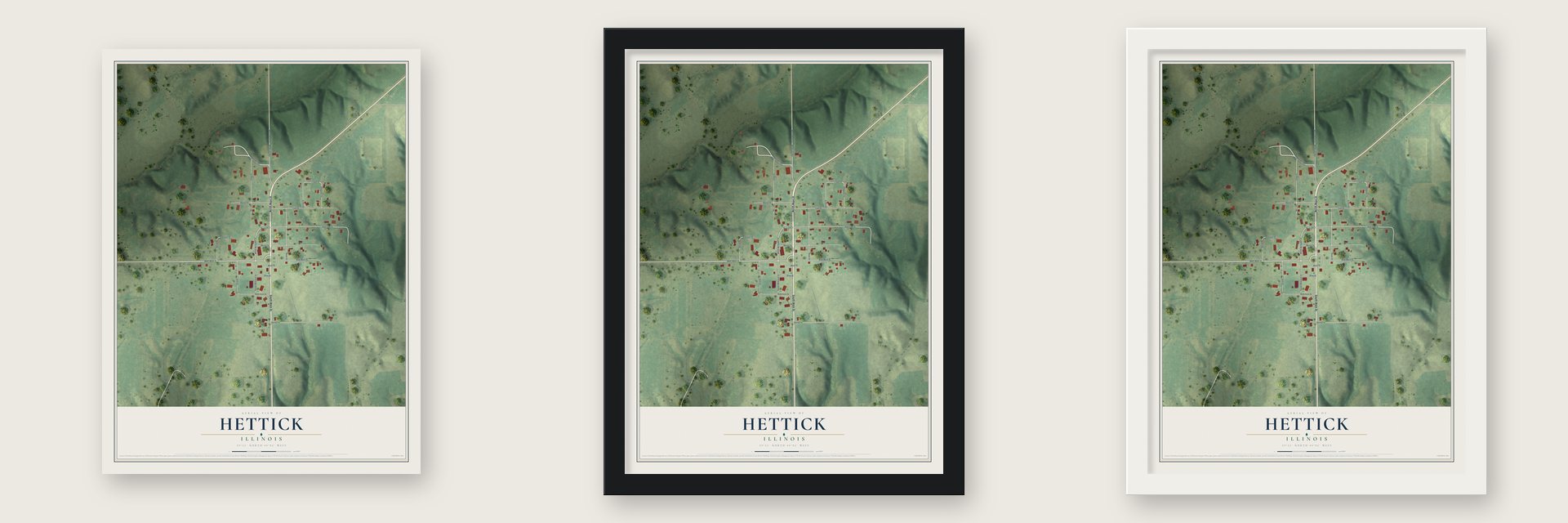 Hettick, Illinois map unframed, in a black wood frame and in a white wood frame
