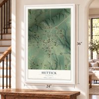 Hettick, Illinois map, 24 x 36 inch print in a white frame by a staircase