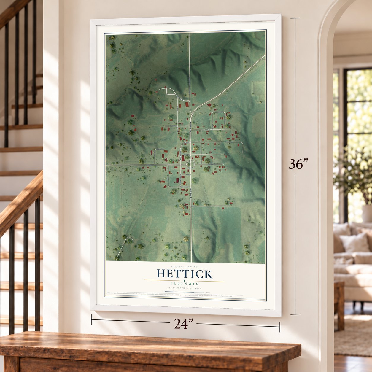 Hettick, Illinois map, 24 x 36 inch print in a white frame by a staircase