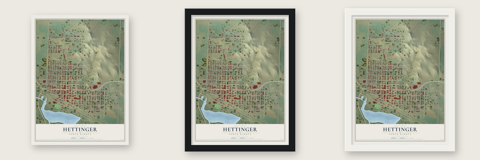 Hettinger, North Dakota map unframed, in a black wood frame and in a white wood frame