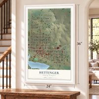 Hettinger, North Dakota map, 24 x 36 inch print in a white frame by a staircase