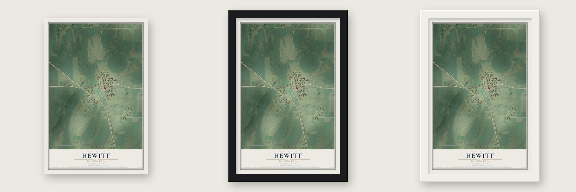 Hewitt, Minnesota map unframed, in a black wood frame and in a white wood frame