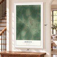 Hewitt, Minnesota map, 24 x 36 inch print in a white frame by a staircase