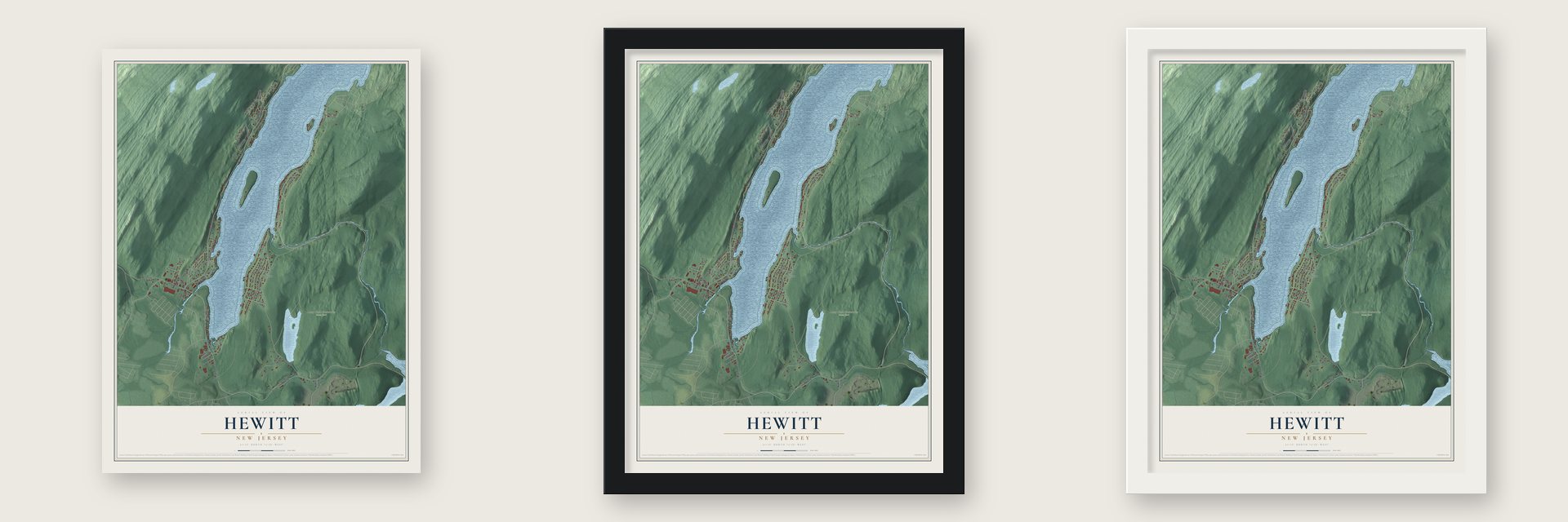 Hewitt, New Jersey map unframed, in a black wood frame and in a white wood frame