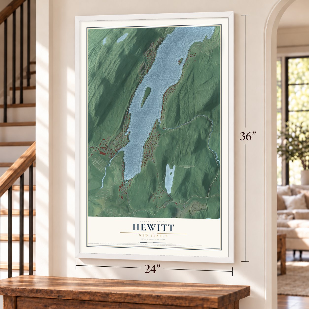 Hewitt, New Jersey map, 24 x 36 inch print in a white frame by a staircase