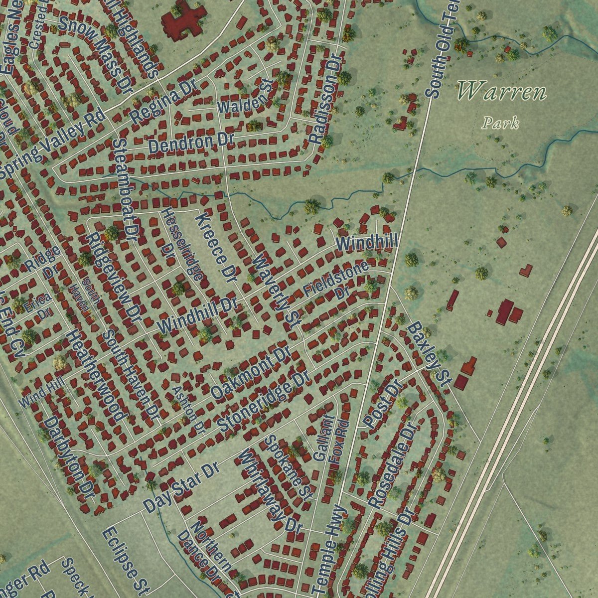 Second close-up of the map of Hewitt, Texas print showing more streets and buildings