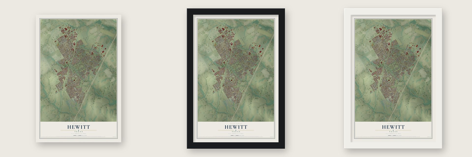 Hewitt, Texas map unframed, in a black wood frame and in a white wood frame