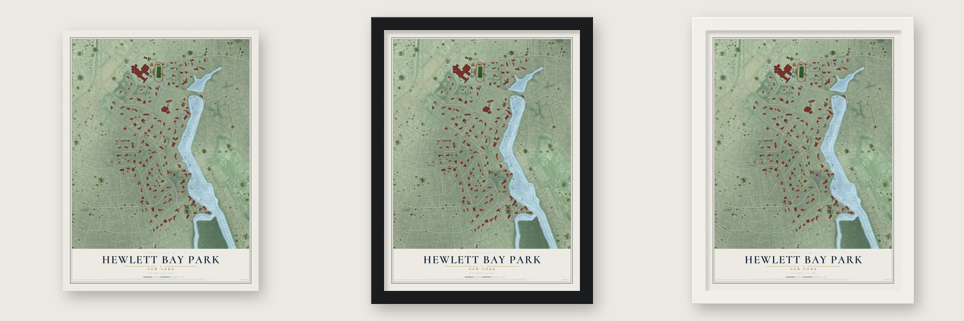 Hewlett Bay Park, New York map unframed, in a black wood frame and in a white wood frame