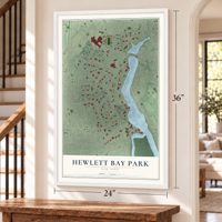 Hewlett Bay Park, New York map, 24 x 36 inch print in a white frame by a staircase