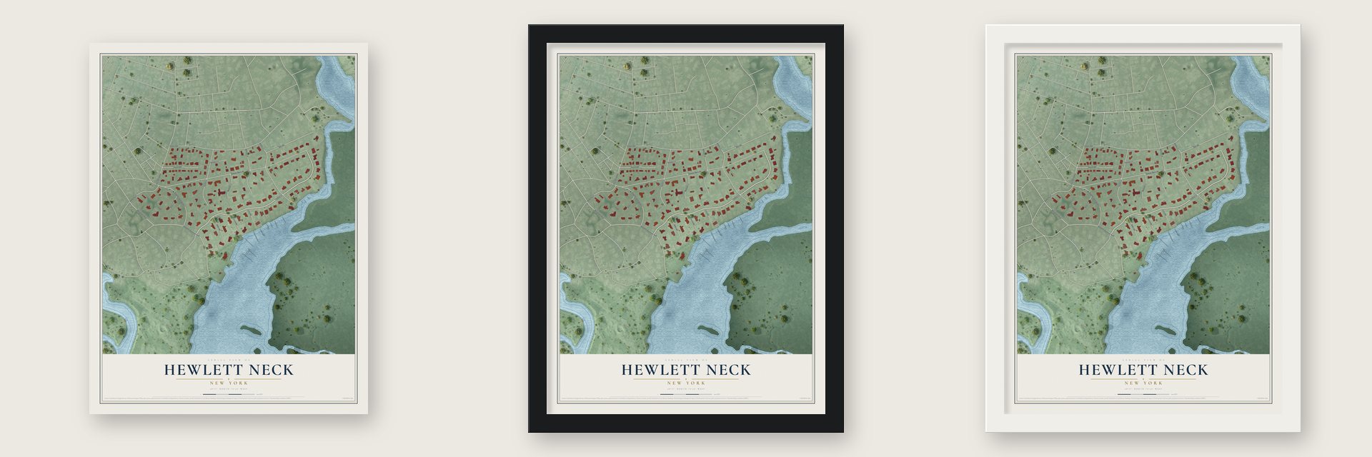 Hewlett Neck, New York map unframed, in a black wood frame and in a white wood frame