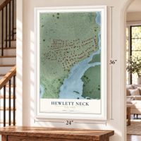 Hewlett Neck, New York map, 24 x 36 inch print in a white frame by a staircase