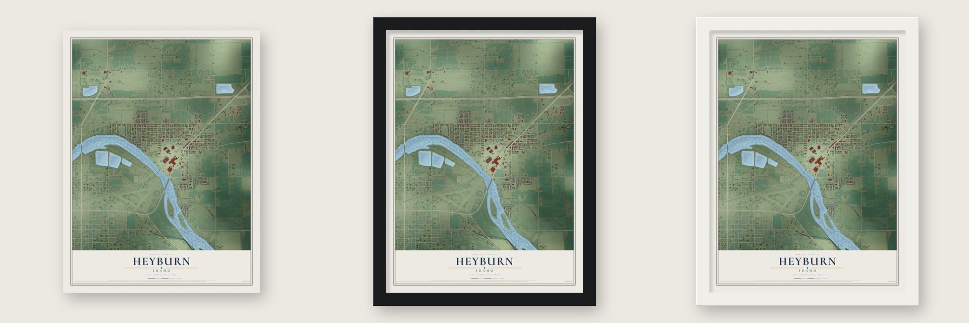 Heyburn, Idaho map unframed, in a black wood frame and in a white wood frame