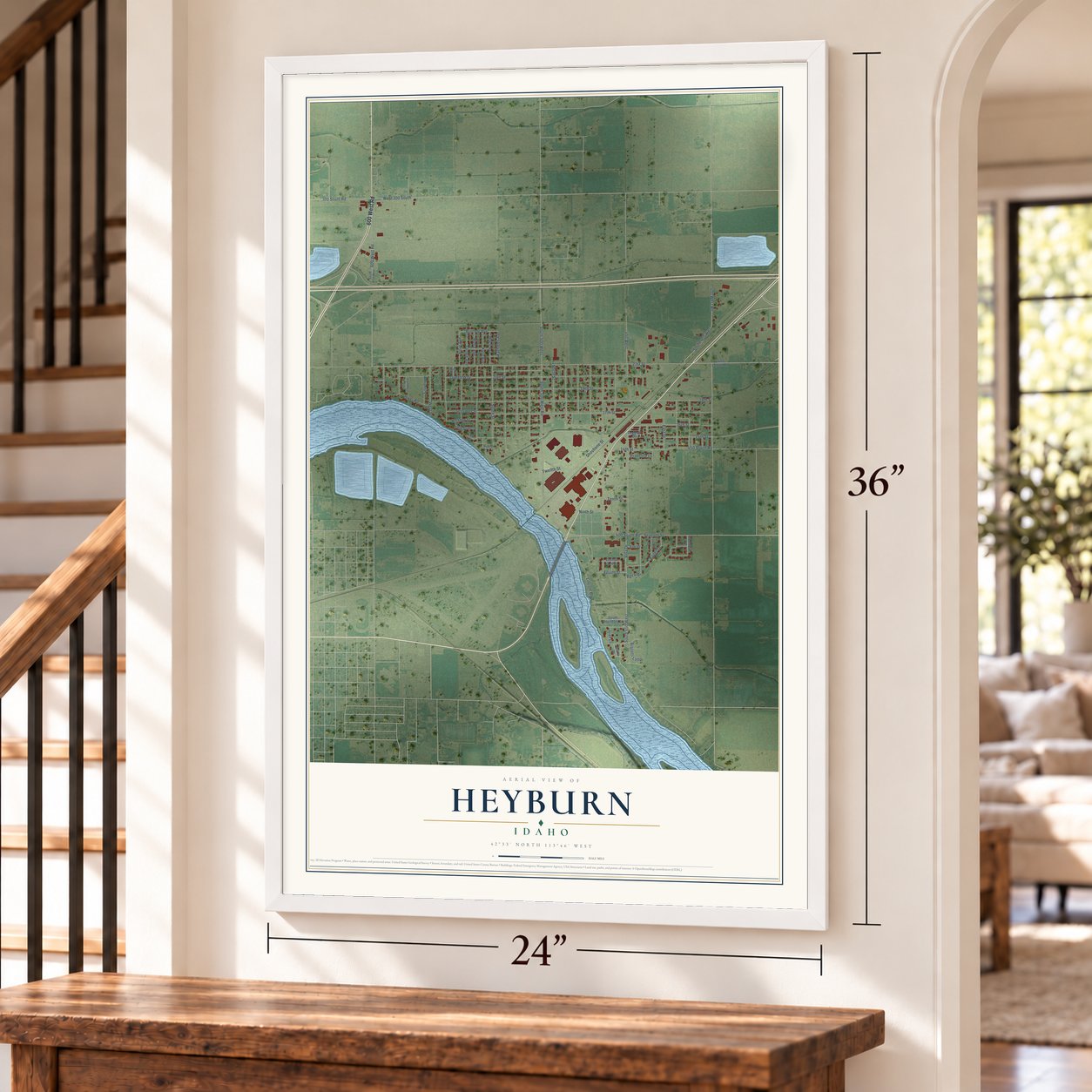Heyburn, Idaho map, 24 x 36 inch print in a white frame by a staircase
