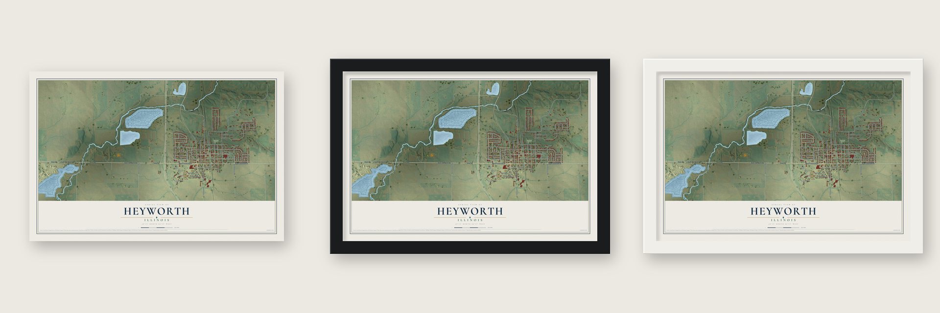 Heyworth, Illinois map unframed, in a black wood frame and in a white wood frame