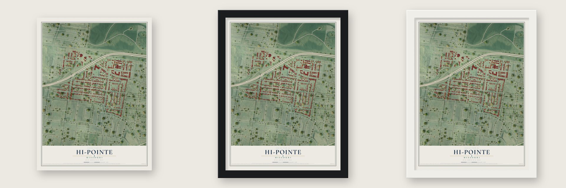 Hi-Pointe, Missouri map unframed, in a black wood frame and in a white wood frame