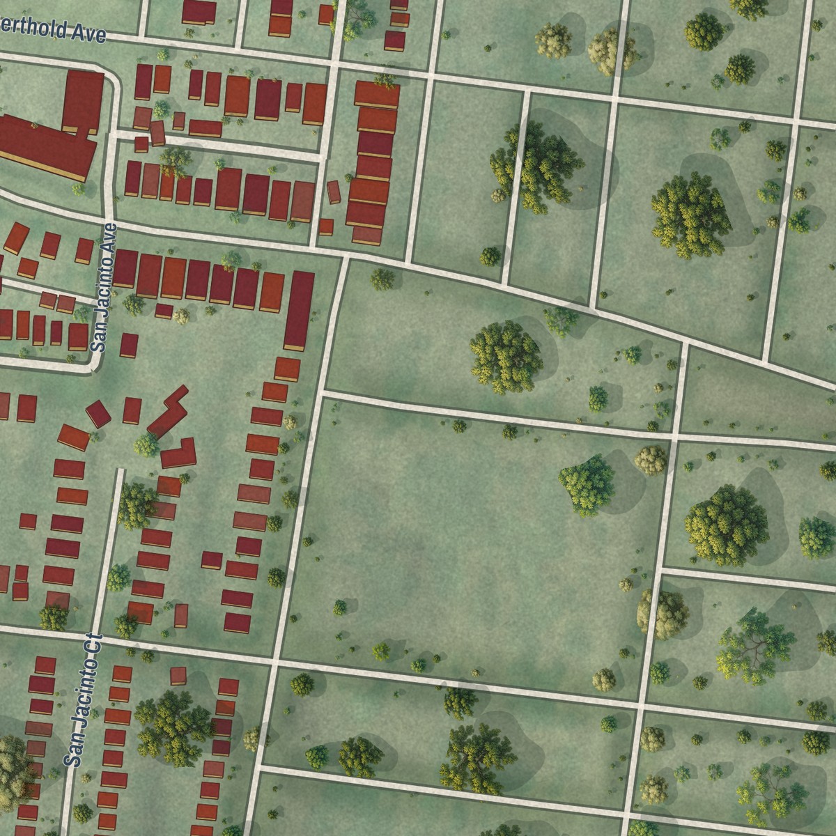 Second close-up of the map of Hi-Pointe, Missouri print showing more streets and buildings
