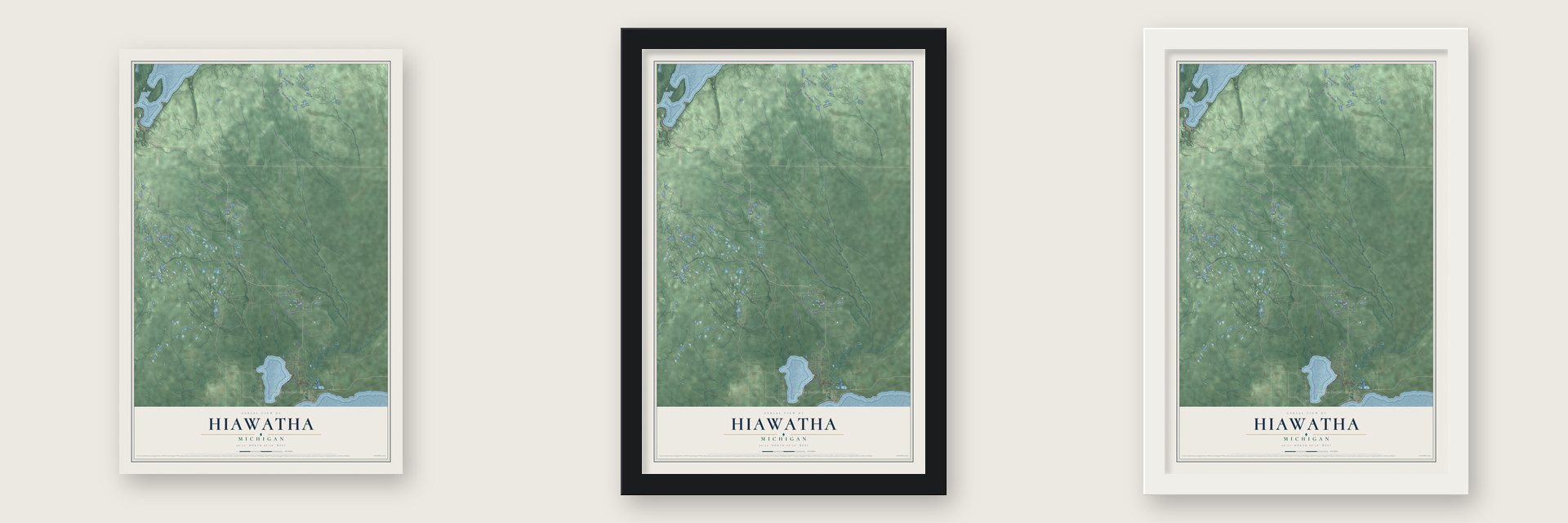 Hiawatha, Michigan map unframed, in a black wood frame and in a white wood frame