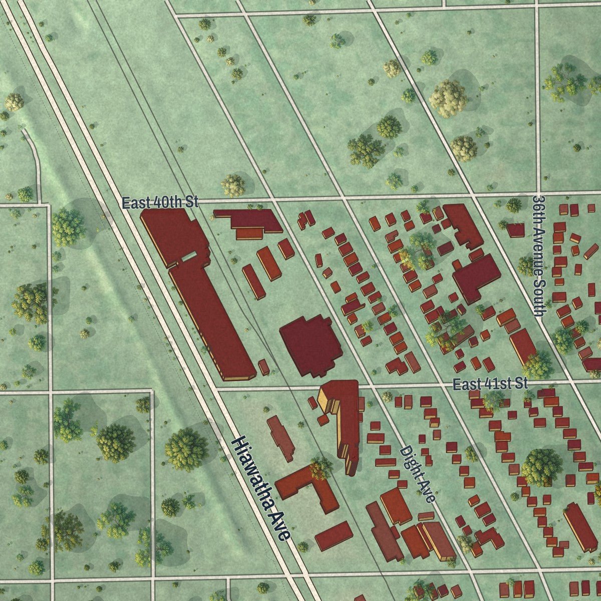 Second close-up of the map of Hiawatha, Minnesota print showing more streets and buildings