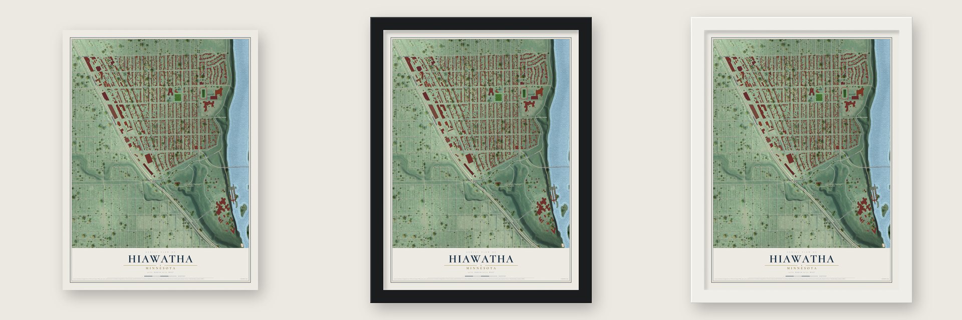 Hiawatha, Minnesota map unframed, in a black wood frame and in a white wood frame