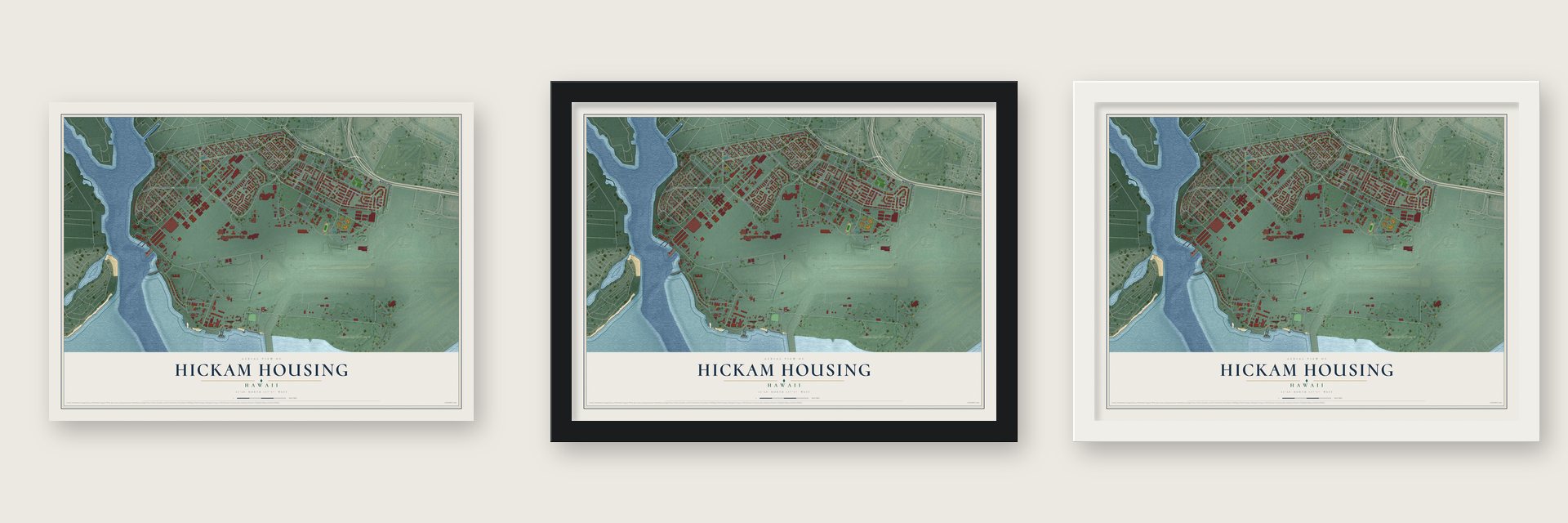 Hickam Housing, Hawaii map unframed, in a black wood frame and in a white wood frame