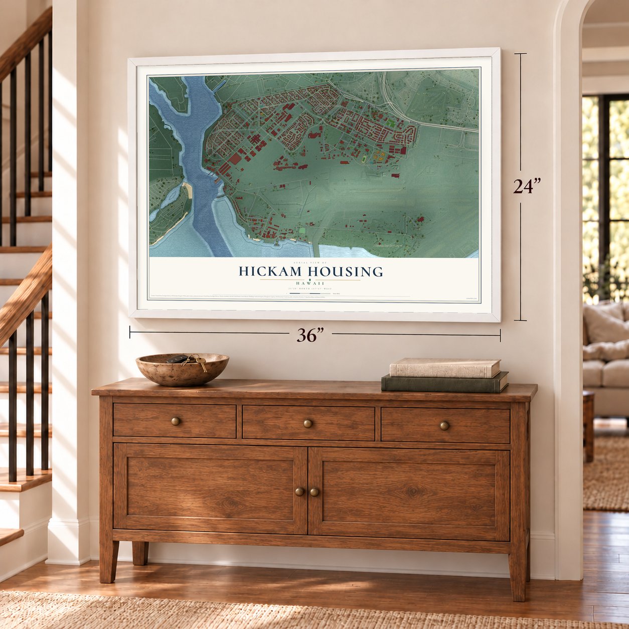 Hickam Housing, Hawaii map, 24 x 36 inch print in a white frame above a dresser by a staircase