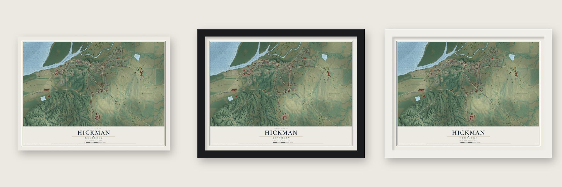 Hickman, Kentucky map unframed, in a black wood frame and in a white wood frame