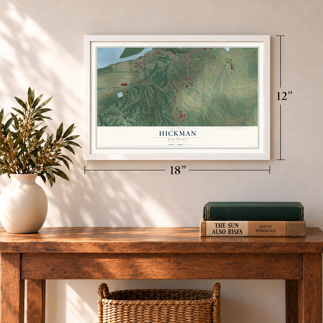 Hickman, Kentucky map, 12 x 18 inch print in a white frame in an entryway